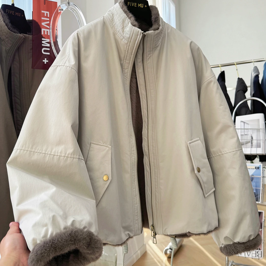 2025新款高级感立领短款工装外套女冬季毛毛内胆仿皮草派克服夹克