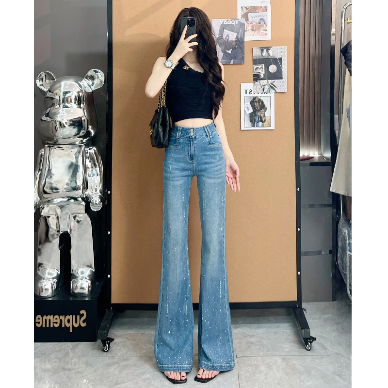 喜绚不贴腿烫钻喇叭牛仔裤女2025年春夏新款薄款辣妹高街爆款裤子