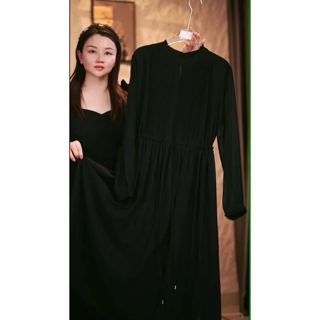 C29长袖高定小黑裙XH长袖宽松连衣裙女装连衣裙显瘦碎花长款cw