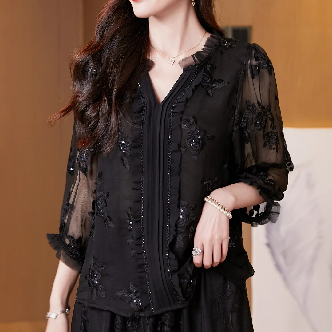 【DuShang】花开半夏~小众珠片绣桑蚕丝顺纡绣花上衣HY4166