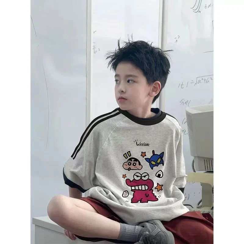 儿童短袖男孩灰色t恤2024年夏季新款中大童卡通印花插肩体恤上衣