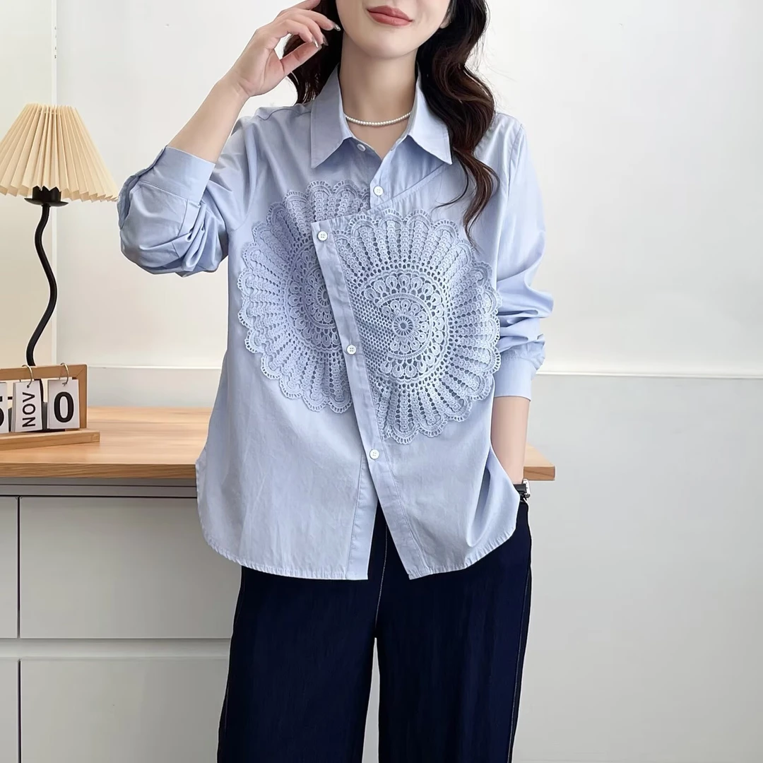 减龄不规则重工刺绣拼接衬衫女时尚蕾丝拼接纯色上衣