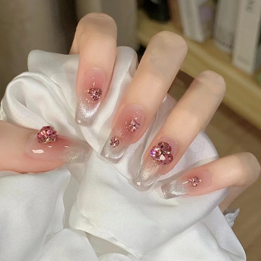 微醺腮红法式猫眼纯手工穿戴甲温柔显白爆闪可拆卸指甲贴美甲成品