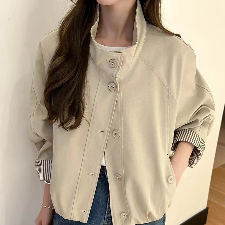邹先森85163-30百搭秋季宽松时尚短外套女立领日系格纹女外套