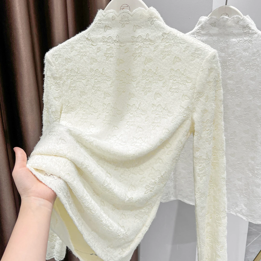 波浪边半高领勾花蕾丝上衣秋冬新款加绒加厚网纱长袖打底衫女内搭