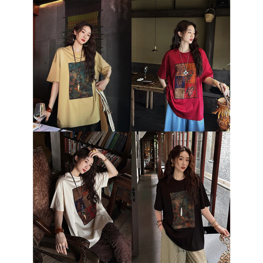 三吉黑花【听风】新中式上衣香云国风短袖T恤女贴布绣夏季