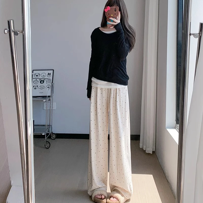 米白色加绒波点糯米裤女高腰显瘦直筒阔腿裤韩系慵懒感软糯拖地裤