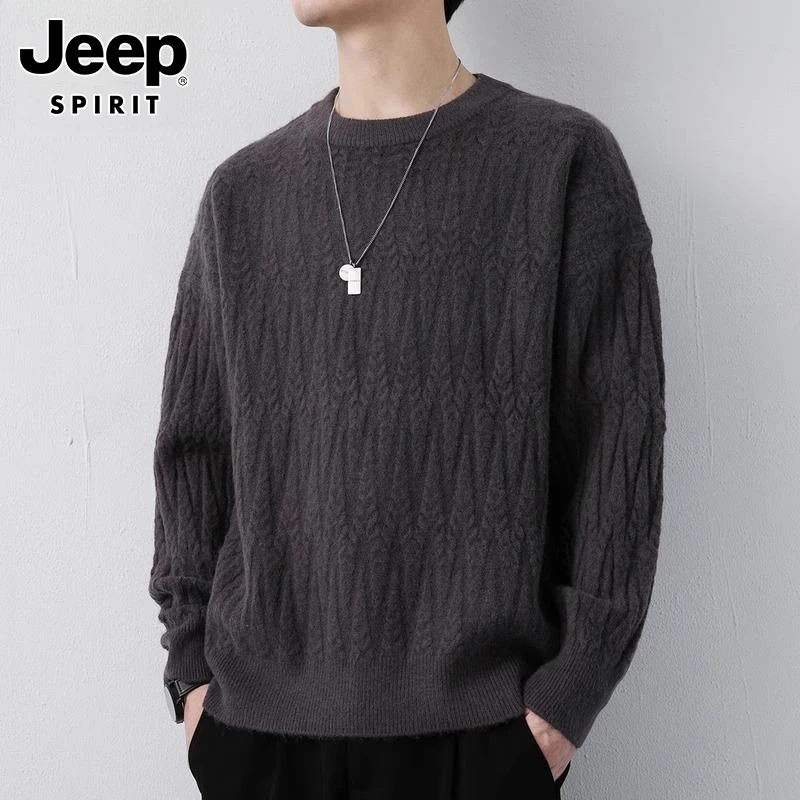 Jeep吉普圆领毛衣男士秋冬季宽松打底针织衫时尚潮流保暖毛线衣男