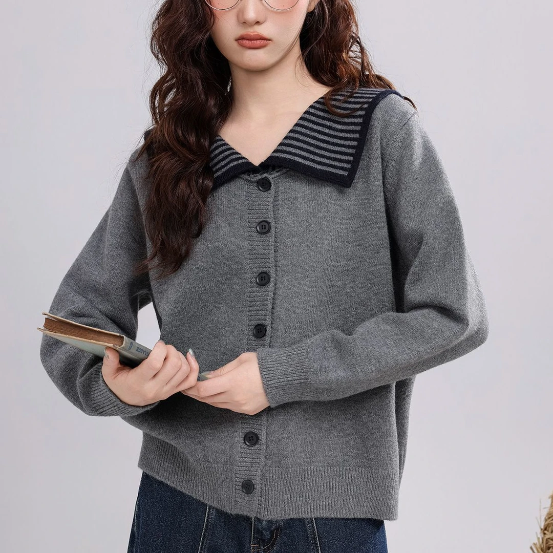 秋冬海军领针织开衫长袖上衣女大码宽松百搭休闲翻领条纹毛衣外套