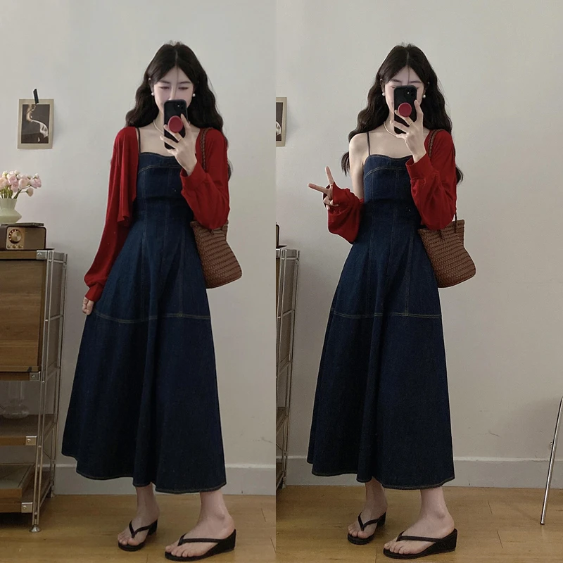 大码牛仔连衣裙气质新款高腰显瘦高级感复古吊带裙长款洋气开衫