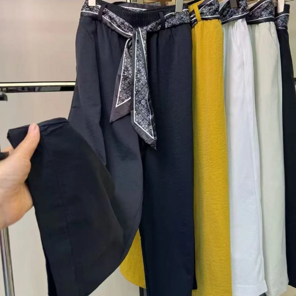 666女士新款绑带高腰宽松显瘦直筒裤