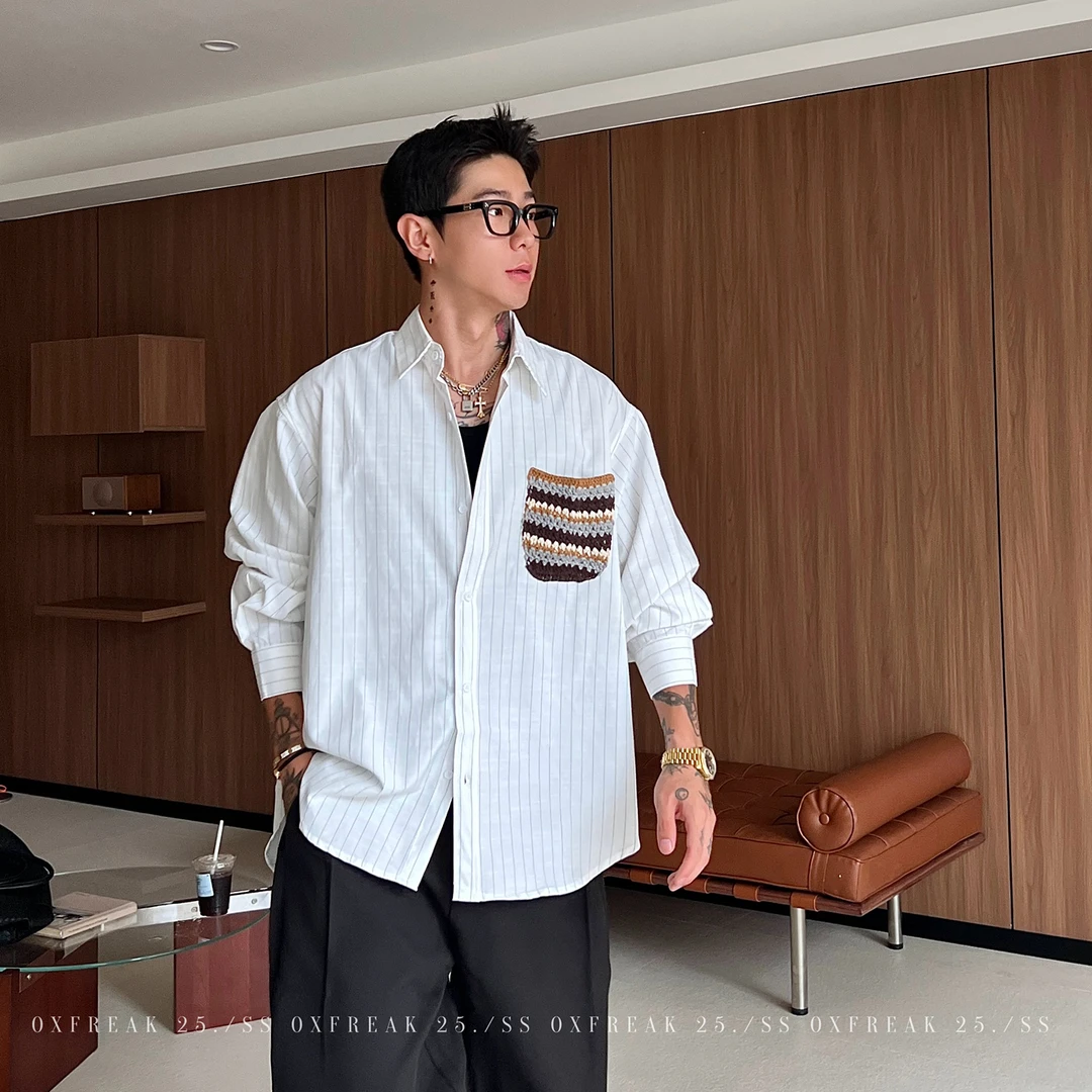 OXFREAK「费尔岛风针织口袋」条纹长袖衬衫男设计感小众宽松衬衣
