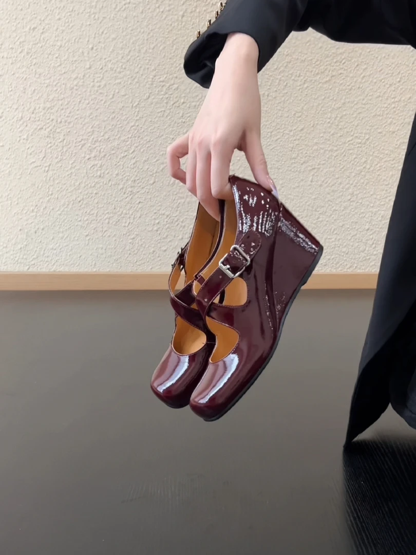 Pokoy-6.5cm绝美法式坡跟增高简约时尚圆头交叉带浅口玛丽珍单鞋