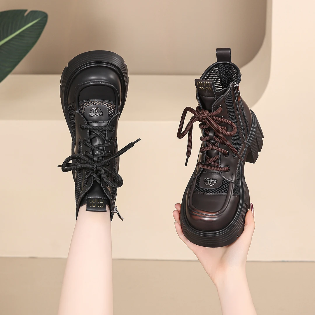 网面六厘米跟马丁靴春夏季镂空春夏透气休闲女靴女时尚百搭英伦风