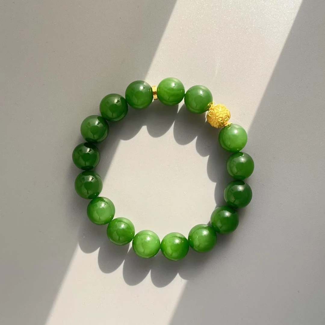 【壹仟熹珠宝】天然和田碧玉卡12MM  17珠苹果绿手串