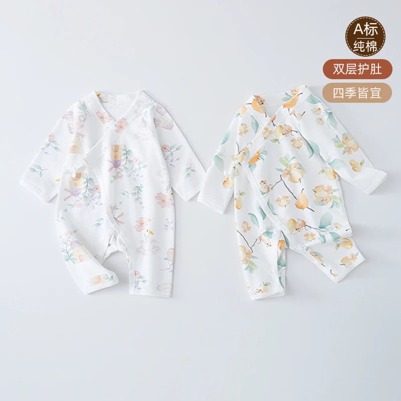 新生儿秋冬季连体衣纯棉宝宝系带哈衣外出服男女宝宝打底睡衣秋