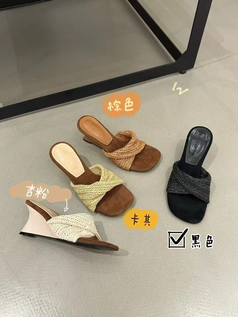阳雪家 660-5 复古编织露趾韩系度假坡跟凉拖鞋复古港风高跟凉拖
