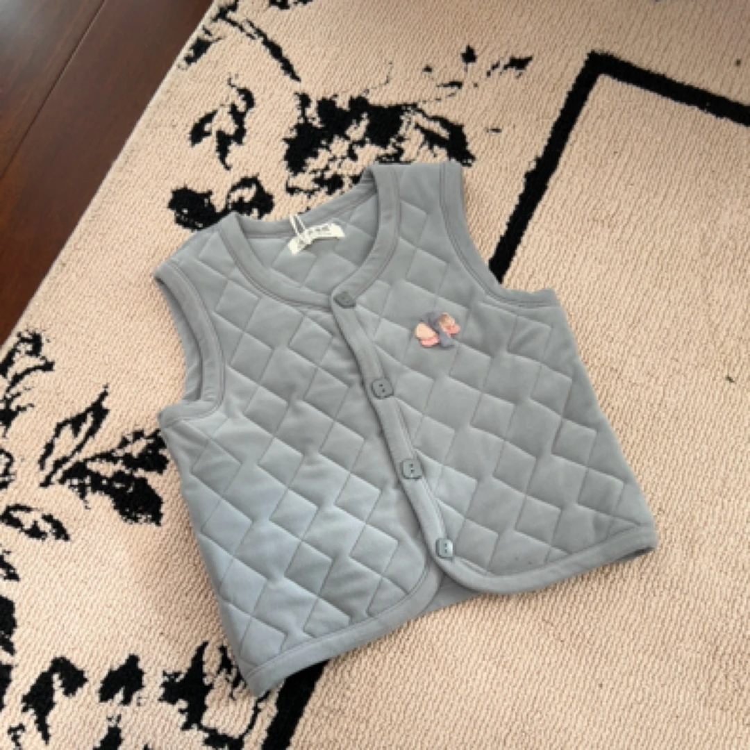 【编号N972】2202-08-儿童蝴蝶结菱格时尚棉马甲浅灰色-GDX