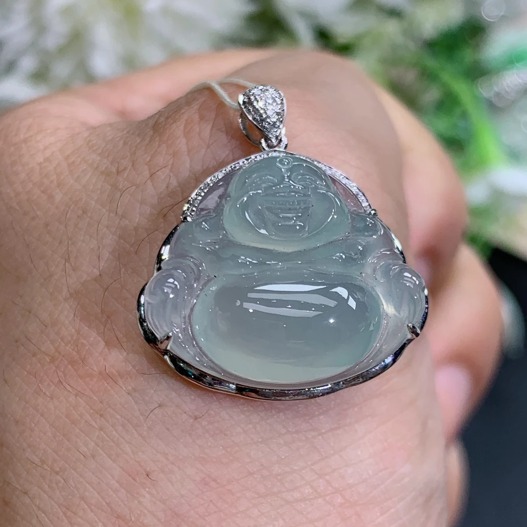 尺寸25.2×22.5×8.9缅甸天然翡翠A货18k金冰胶晴蓝底佛公吊坠