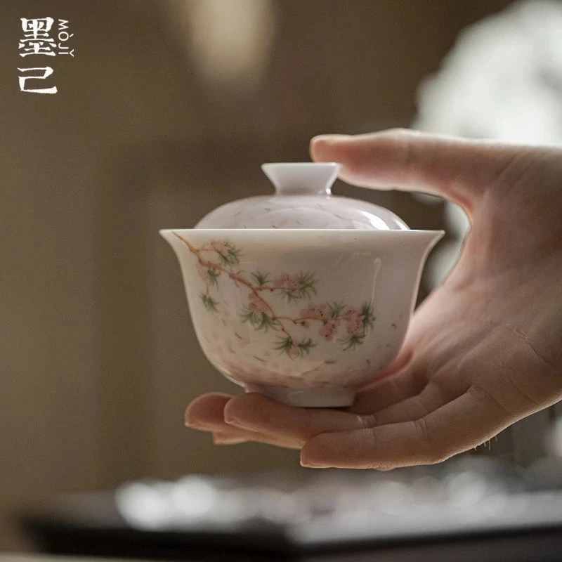 手工手绘杏粉樱花二才盖碗功夫茶具文人釉下彩泡茶碗家用陶瓷茶碗