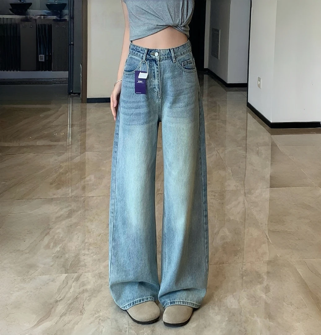 美式浅蓝色阔腿牛仔裤女秋季爆款高腰宽松显瘦垂感直筒拖地长裤子