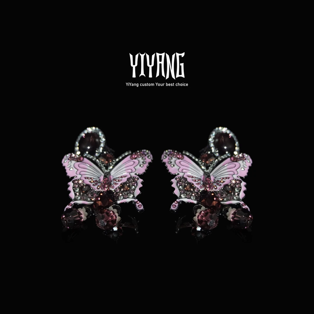 铜合金合成锆石耳饰 一漾 设计师款时尚紫色蝴蝶 耳环