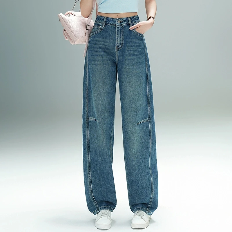 盼之镰刀牛仔裤女2025年春季新款弯刀裤小个子复古美式阔腿裤2507