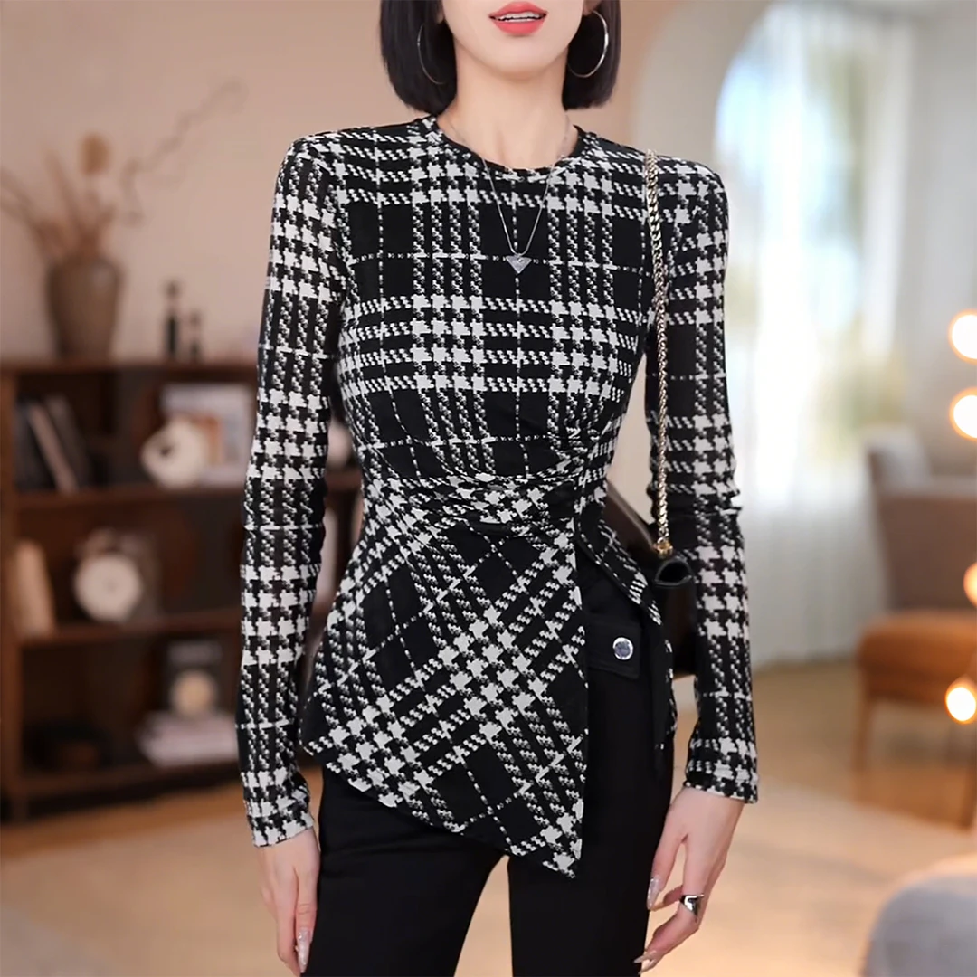 千鸟格不规则小衫上衣女2025秋冬季新款高级时尚洋气好看漂亮衬衫