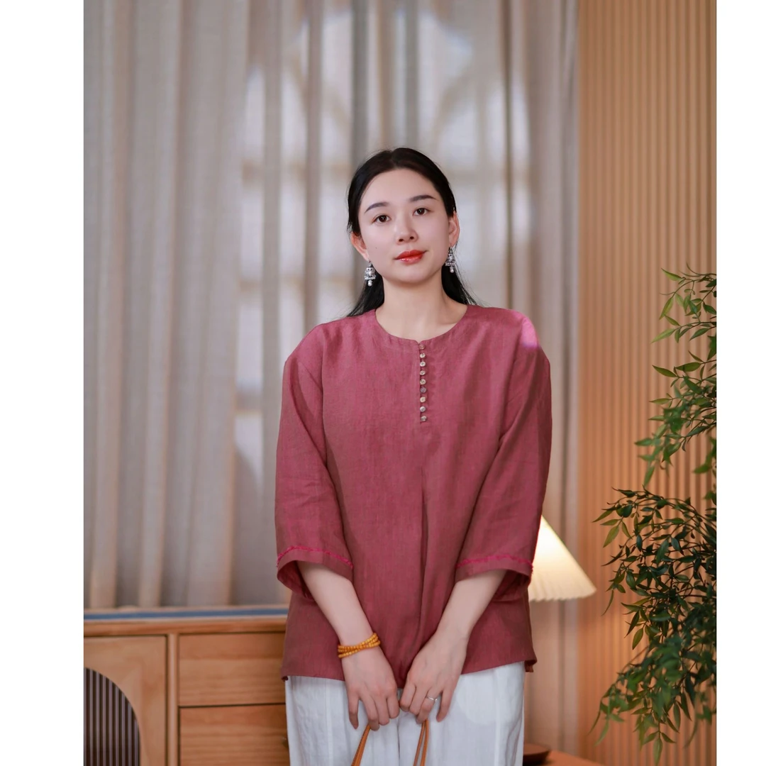 【落霞】2025春夏新款亚麻宽松文艺休闲简约显瘦百搭半开襟套头衫