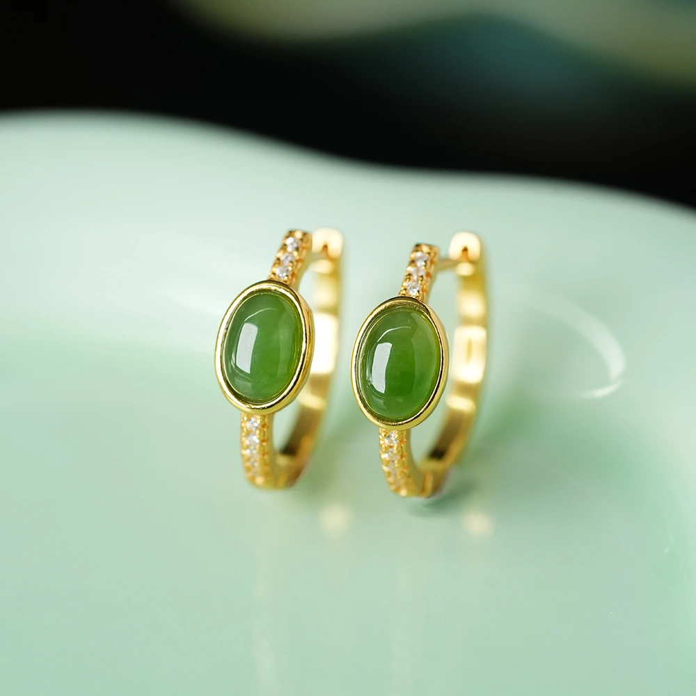 御臻珠宝｜碧玉｜S925银｜和田碧玉百搭耳饰气质轻奢复古国风耳女款