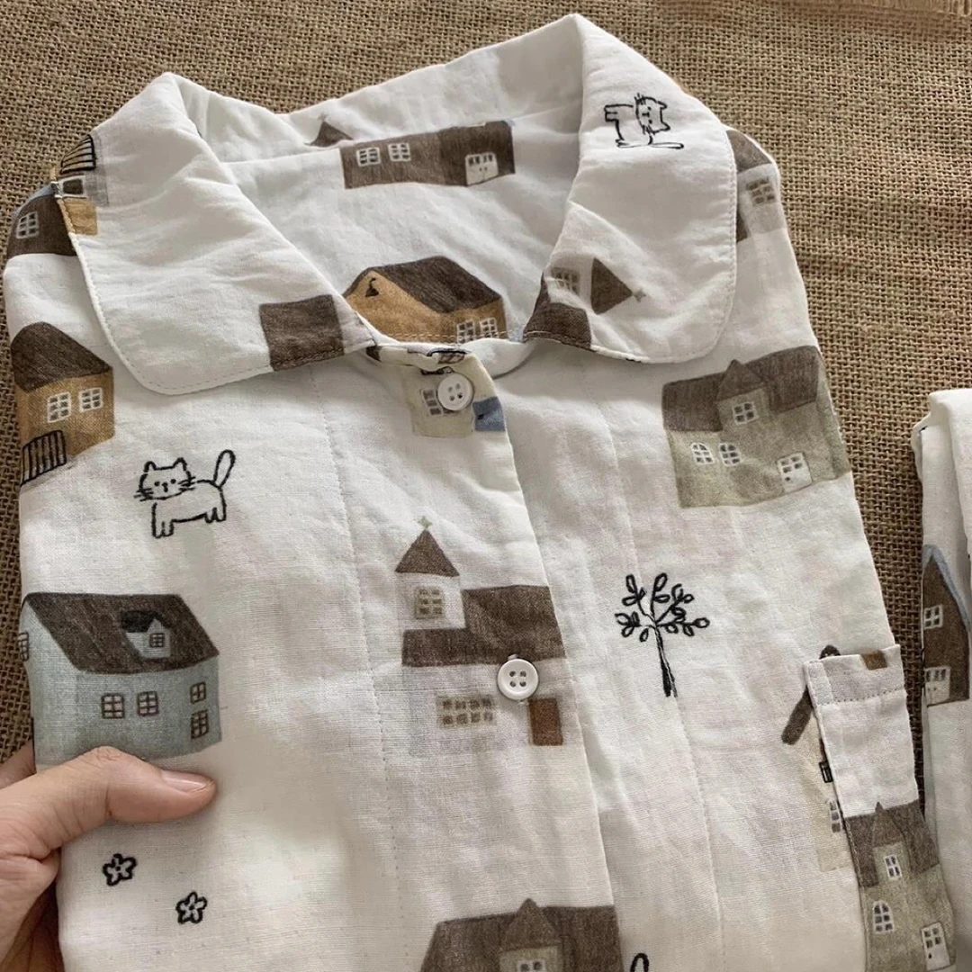 韩版简约慵懒风印花长袖睡衣女春秋季大码宽松外穿家居服