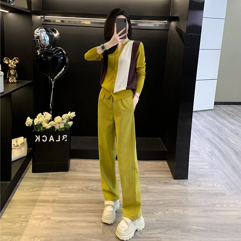 多巴胺时尚休闲运动套装女春秋炸街减龄洋气针织开衫牛仔裤两件套