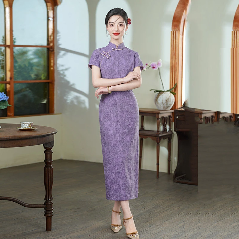 紫色送考国风长款旗袍改良年轻款2025新款女新中式复古短袖春夏季
