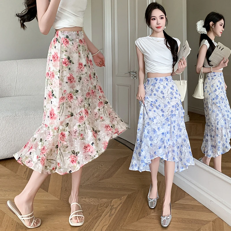碎花半身裙女夏2025不规则大码仙女鱼尾裙松紧新款中长款雪纺裙子