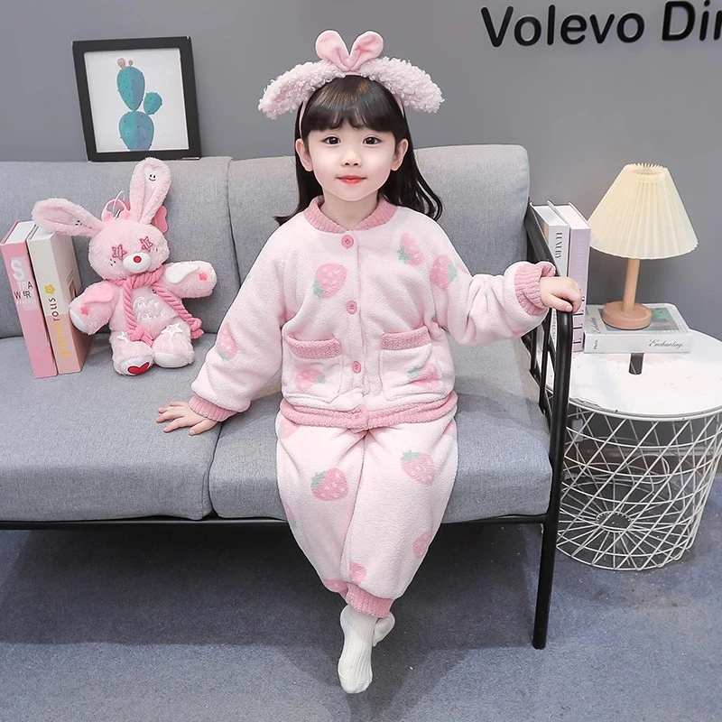 女童法兰绒睡衣儿童秋冬加绒加厚款女孩宝宝珊瑚绒公主草莓家居服
