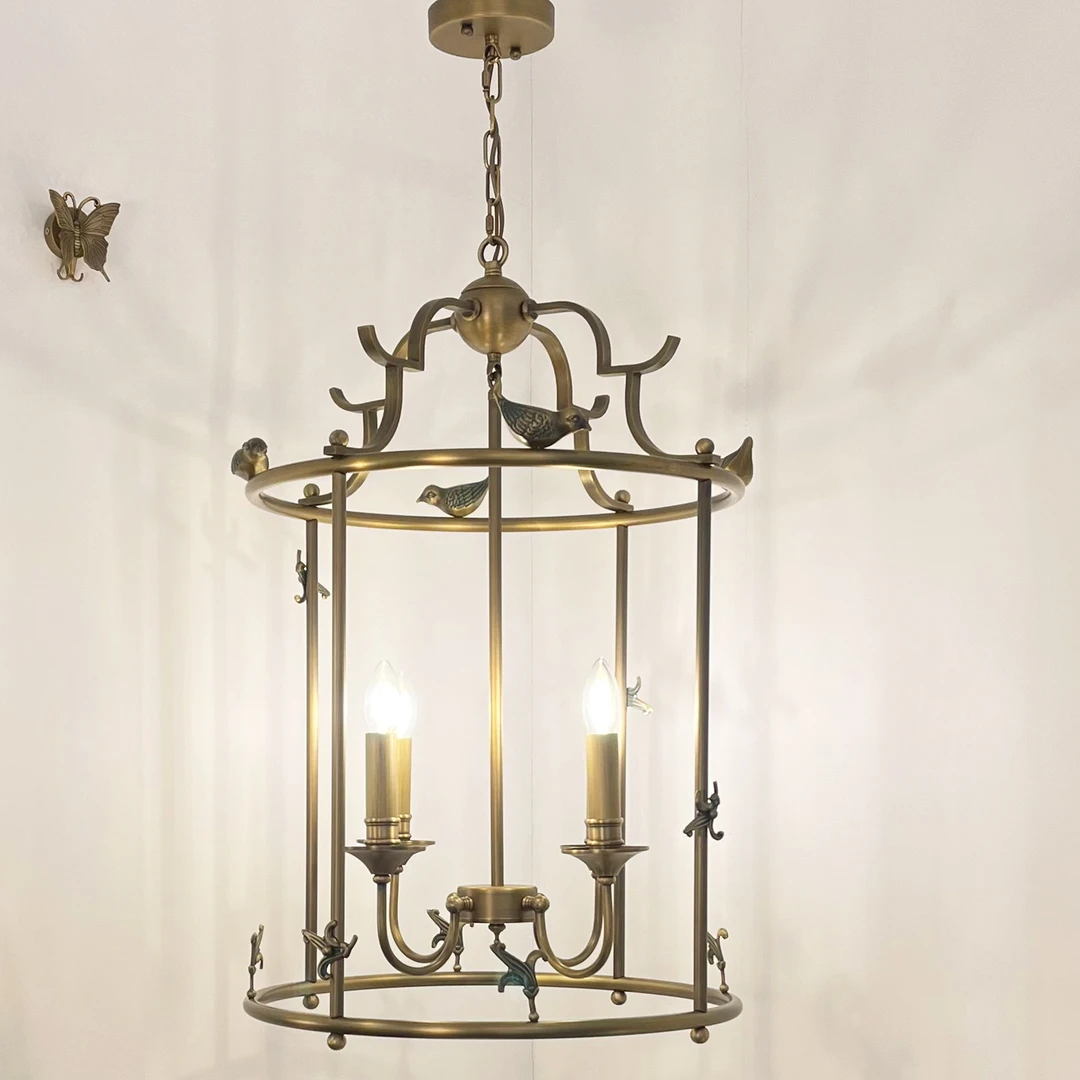 黄铜美式入户玄关餐厅吊灯吧台过道阳台长楼梯门厅鸟笼圆筒创意灯