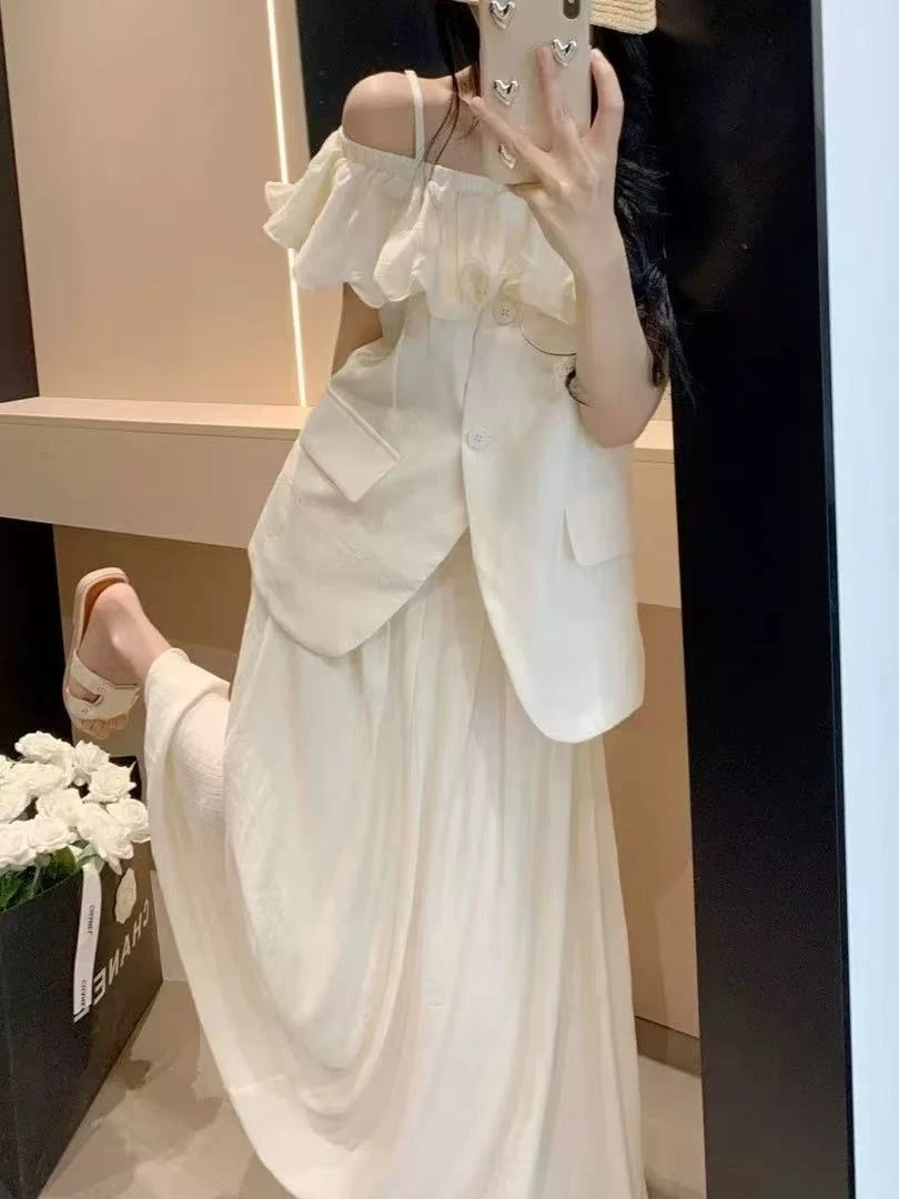 大码女装2025法式吊带一字肩荷叶边短袖西装衬衫+半身裙两件套女