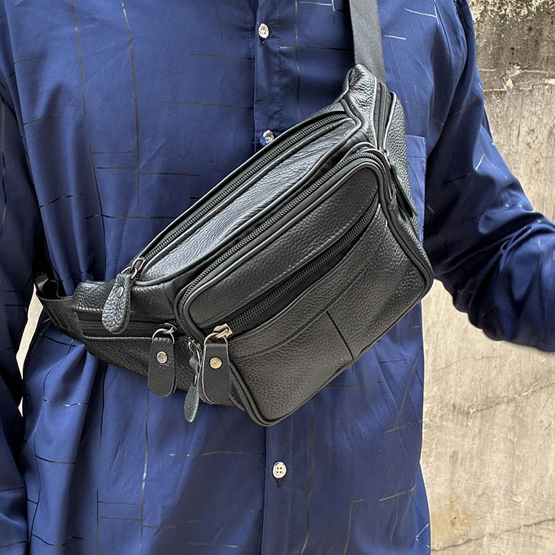 多拉链大容量男士真皮腰包头层牛皮胸包多功能背包挎包中老年爸爸