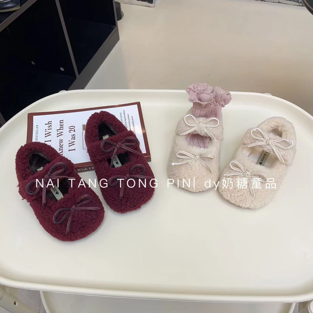 甜美毛毛鞋2025女童外穿冬季新款加绒豆豆鞋公主蝴蝶结保暖奶奶鞋