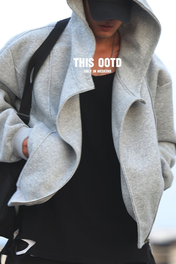 时尚潮流重磅设计款慵懒风宽松斜拉链中短款连帽卫衣
