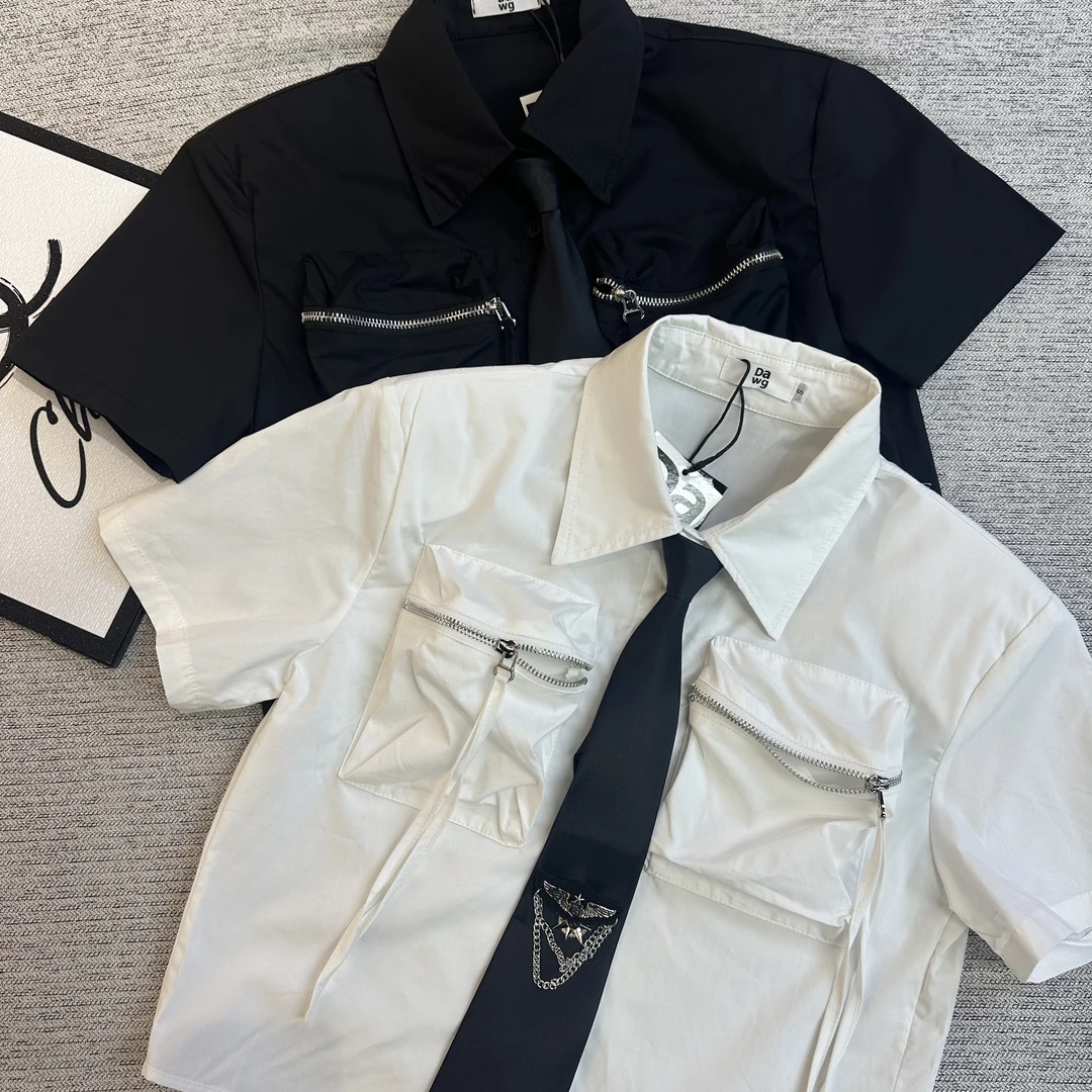 8022#欧洲站春夏设计感翻领双口袋领带短袖衬衣修身显瘦衬衫T恤