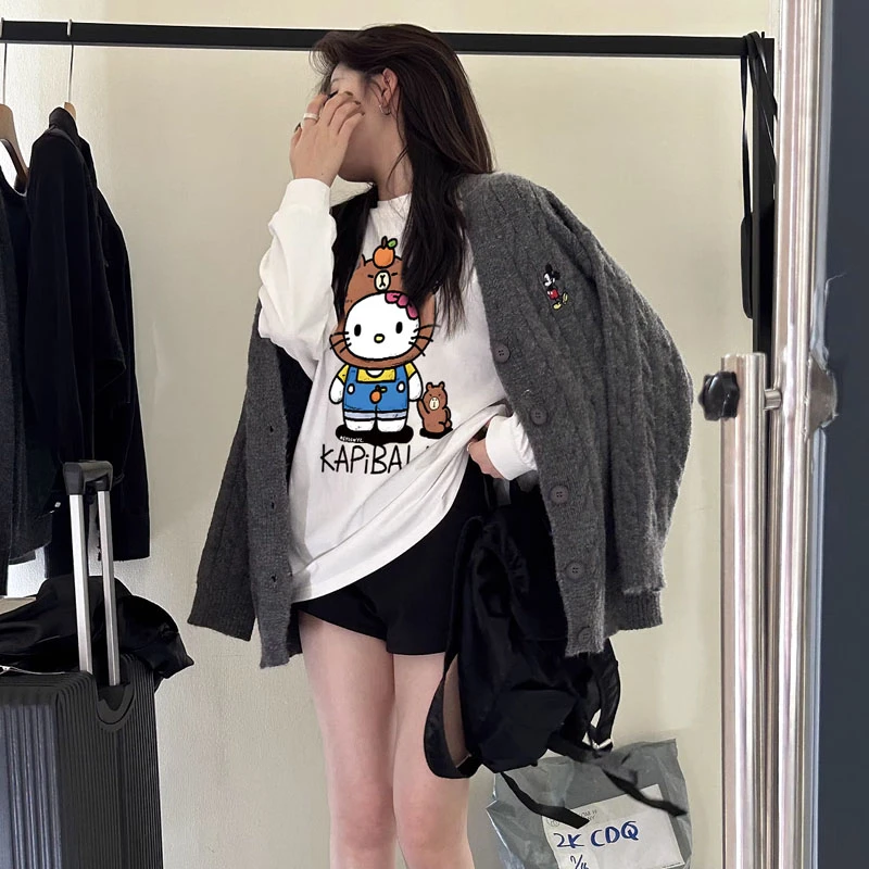港风insKT猫纯棉打底衫潮牌百搭t恤秋冬洋气女装纯棉长袖情侣装