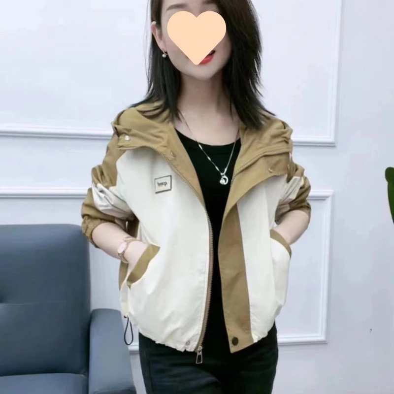 连帽春装2025夹克小个子拼色短外套女新款韩版宽松显瘦减龄上衣潮