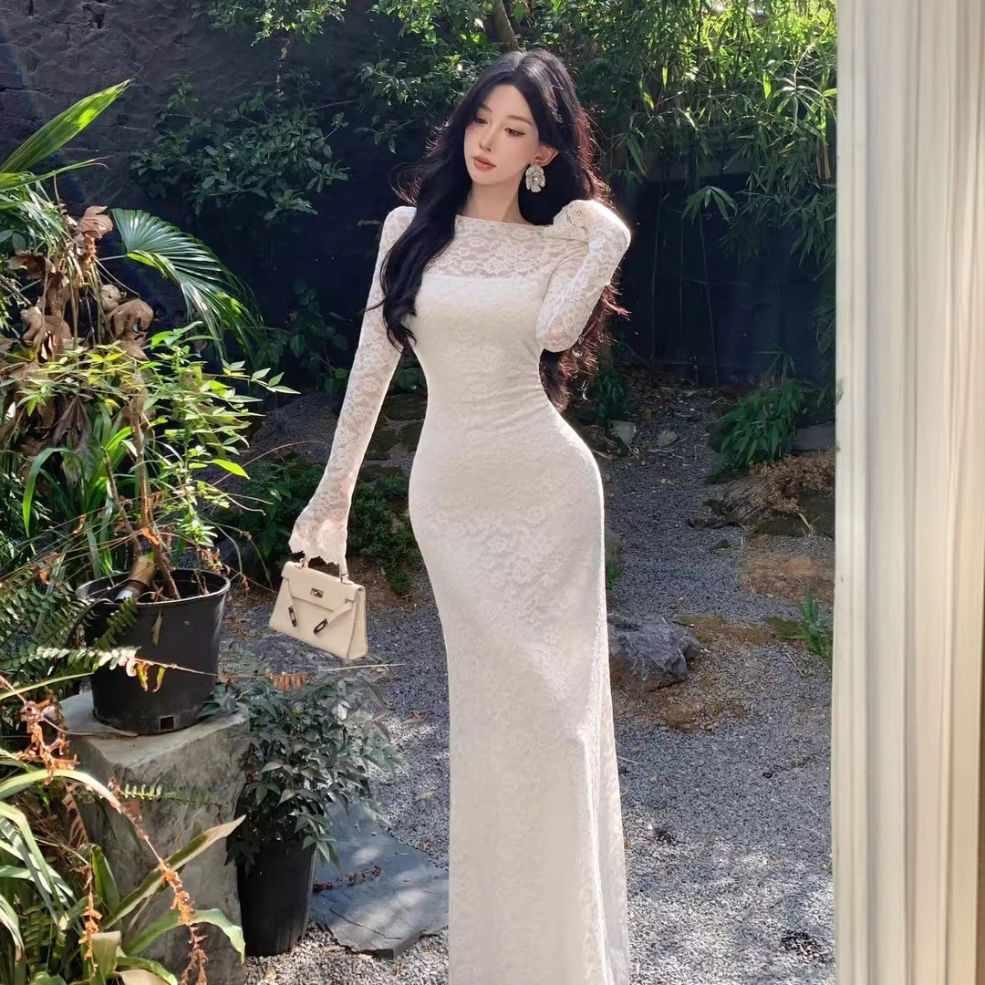 法式白色长袖蕾丝连衣裙女春季御姐风气质修身性感包臀鱼尾长裙子