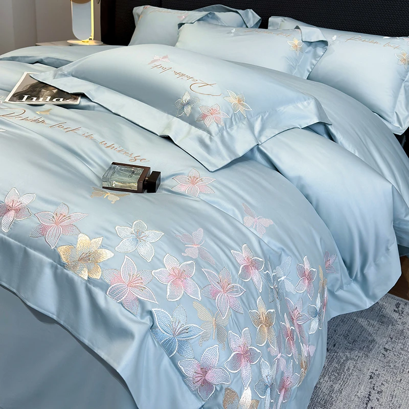轻奢精梳100支正宗长绒棉刺绣四件套-高端新款亲肤床单床笠丝滑