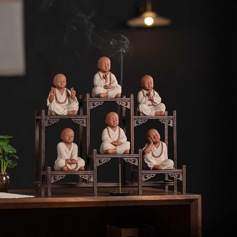 新中式禅意六度小和尚高端家用茶室书房桌面可养茶宠紫砂陶瓷摆件