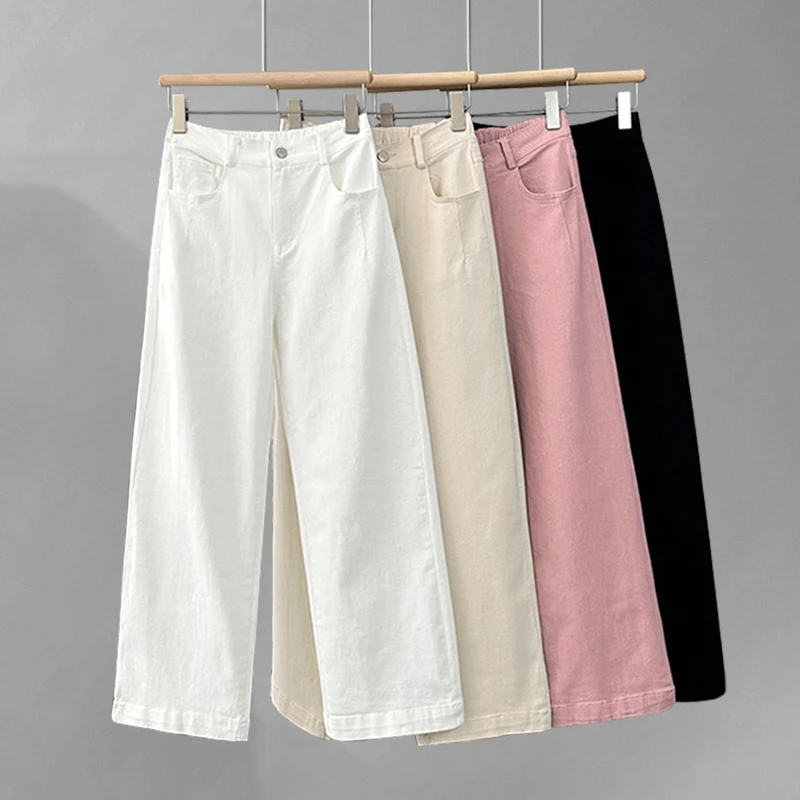 100%纯棉休闲裤女春秋薄款窄版阔腿裤小个子直筒工装裤高腰八分裤