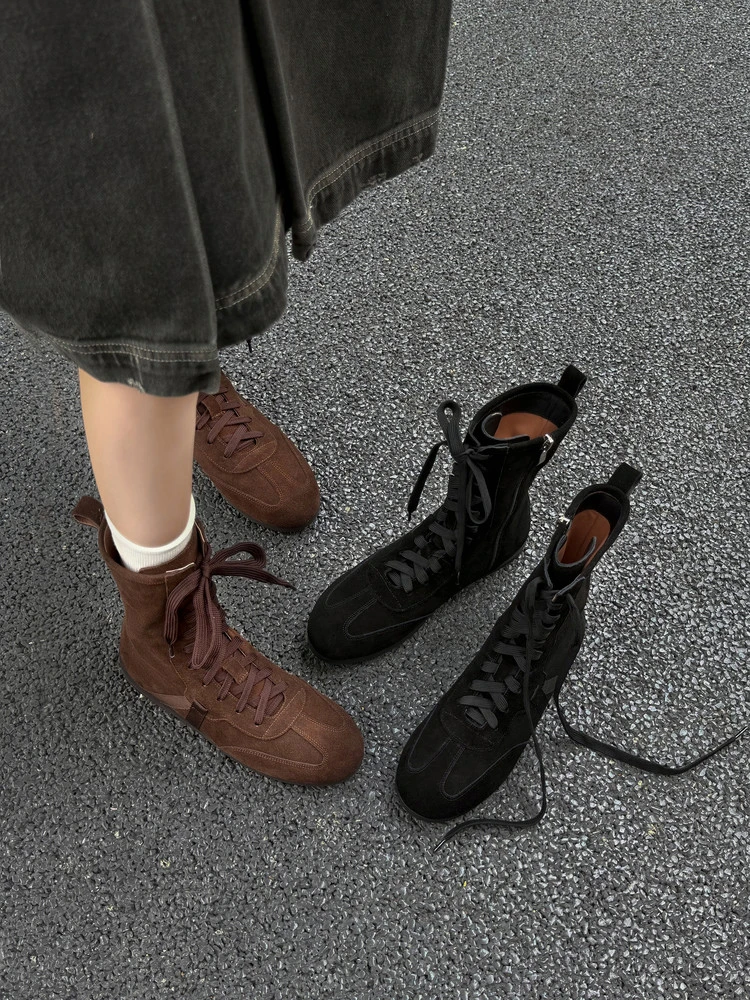 网红爆款真皮牛翻皮马丁靴系带侧拉链平底短靴子女靴秋冬新款休闲