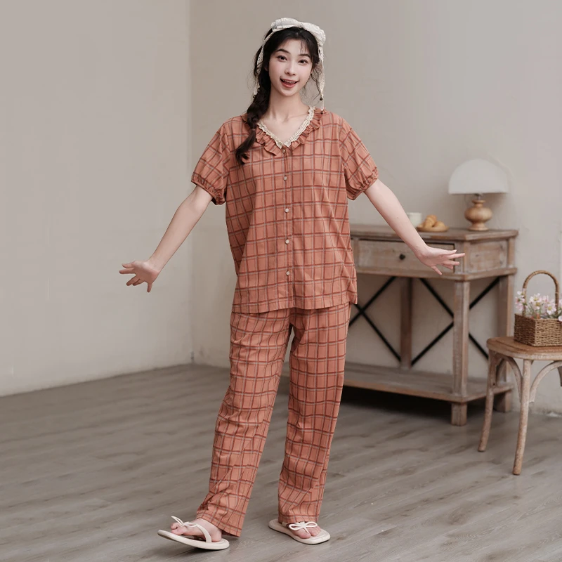 芬腾女士睡衣夏季纯棉薄款短袖格子V领套装女款简约休闲家居服