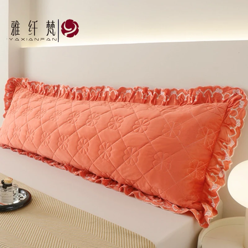 冬季保暖拉链款牛奶绒夹棉双人长枕套纯色公主风荷叶边双人枕套枕